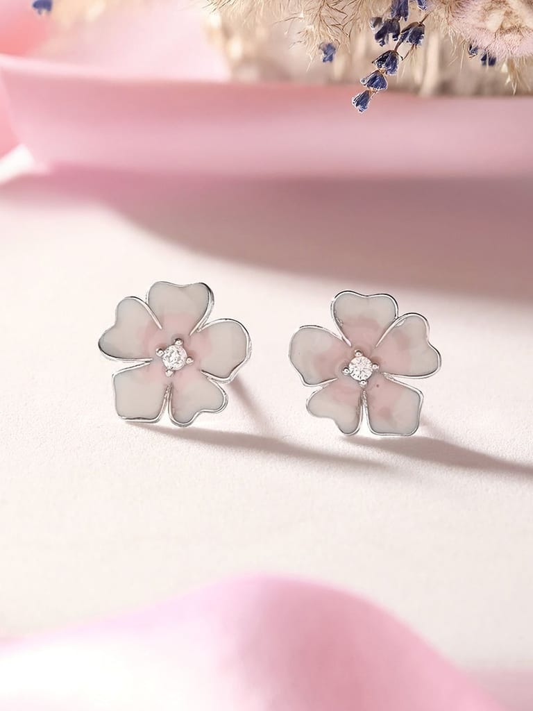 925 Sterling Silver Enamelled Bloom Flower Shaped Studds Earrings - Earrings | Buy online on ZillyBuy