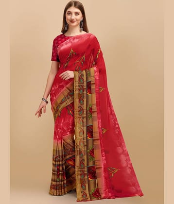 LEELAVATI Georgette Printed Saree With Unstitched Blouse Piece ( Red )