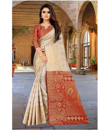 Gazal Fashions Banarasi Silk Printed Saree With Unstitched Blouse Piece ( Multicolor )