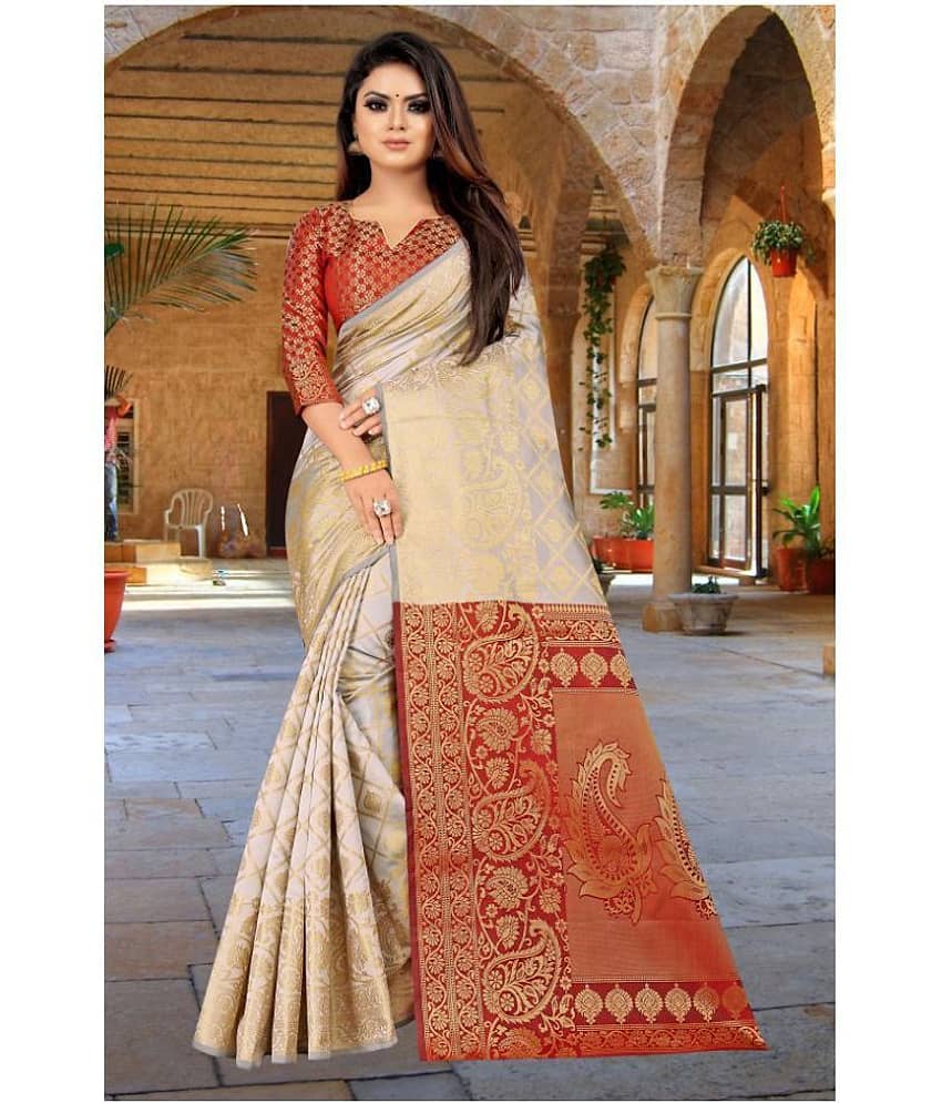 Gazal Fashions Banarasi Silk Printed Saree With Unstitched Blouse Piece ( Multicolor )