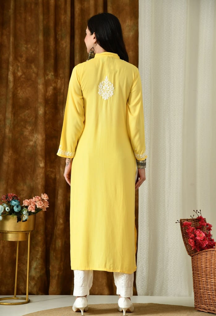 Saanjh – Sunshine Yellow Rayon Kurta with Classic Chikankari