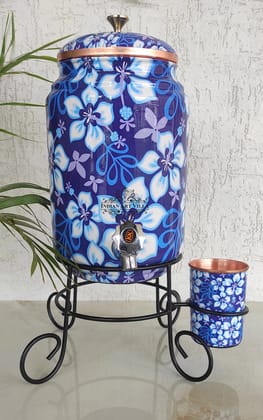 Indian Art Villa Copper Blue Floral Printed Design Water Pot With Stand & Glass | 5 Litres