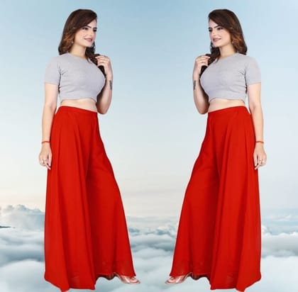 Generic Women's Georgette Solid High-Rise Wide Leg Flared Palazzo Pants with Elastic Waist, Ankle Length Trousers for Daily, Office and Casual Wear (Red, XL, Pack of 2, Design 67545)