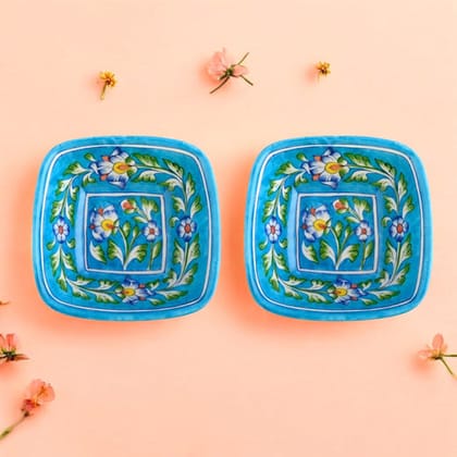 Set of 2 Floral Pattern Blue Pottery BowlsTurquoise4