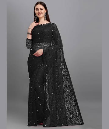 VANRAJ CREATION Net Self Design Saree With Unstitched Blouse Piece ( Black )