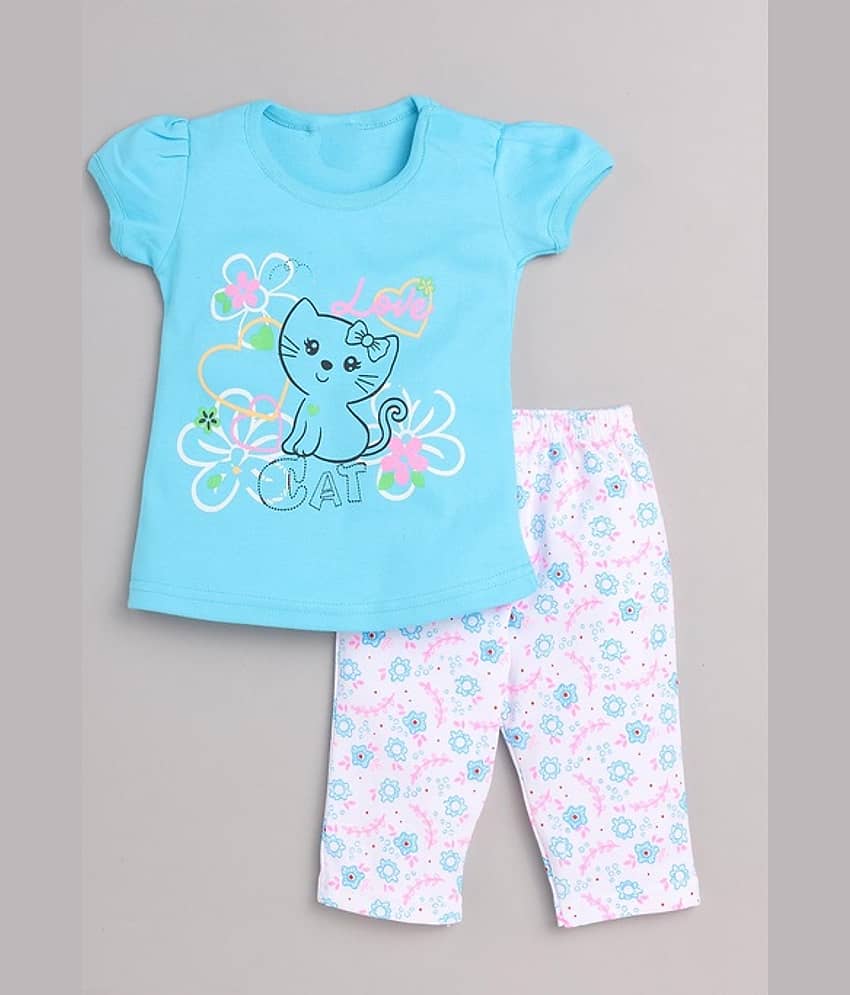 CUTEVIBE Pack of 1 Girls Cotton Blend Top With Pajama ( Sky Blue )
