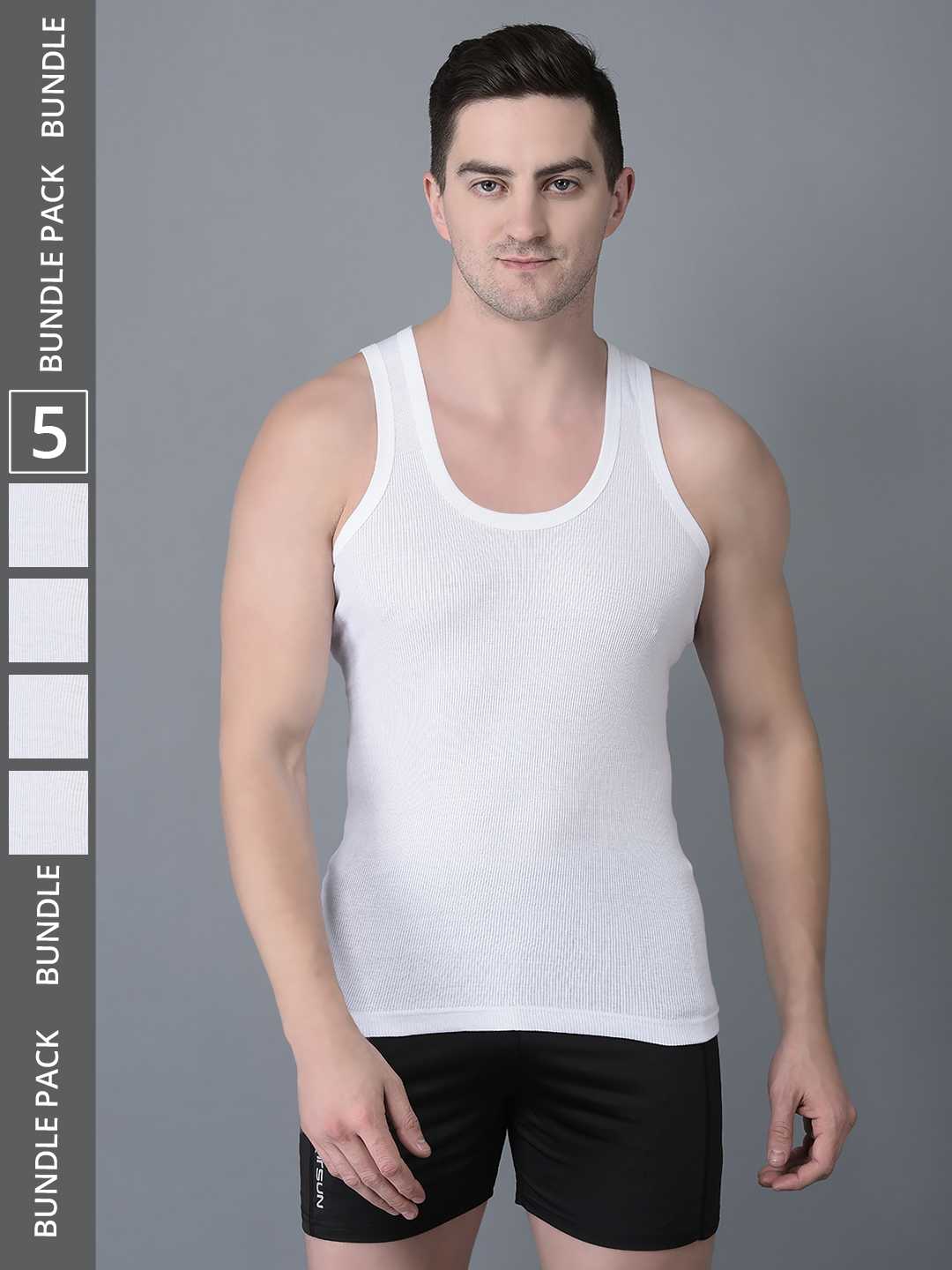 Men's White Pack of 5 Solid Combed Cotton Vest