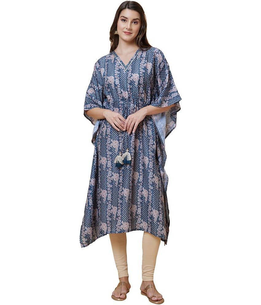 Globus Polyester Printed Kaftan Women's Kurti - Teal ( Pack of 1 )