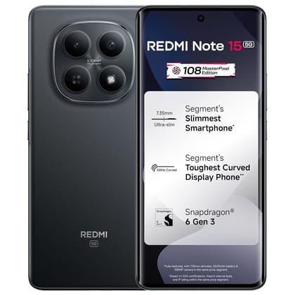REDMI Note 15 5G (Black, 8GB RAM 256GB Storage) | 108MP OIS Camera | Snapdragon 6 Gen 3 | 17.2cm Tough Curved AMOLED Screen | Segments Slimmest Phone | 5520mAh Si/C Battery | 45W Fast Charging