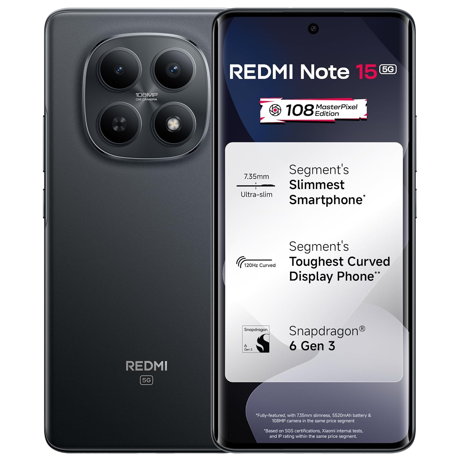 REDMI Note 15 5G (Black, 8GB RAM 256GB Storage) | 108MP OIS Camera | Snapdragon 6 Gen 3 | 17.2cm Tough Curved AMOLED Screen | Segments Slimmest Phone | 5520mAh Si/C Battery | 45W Fast Charging