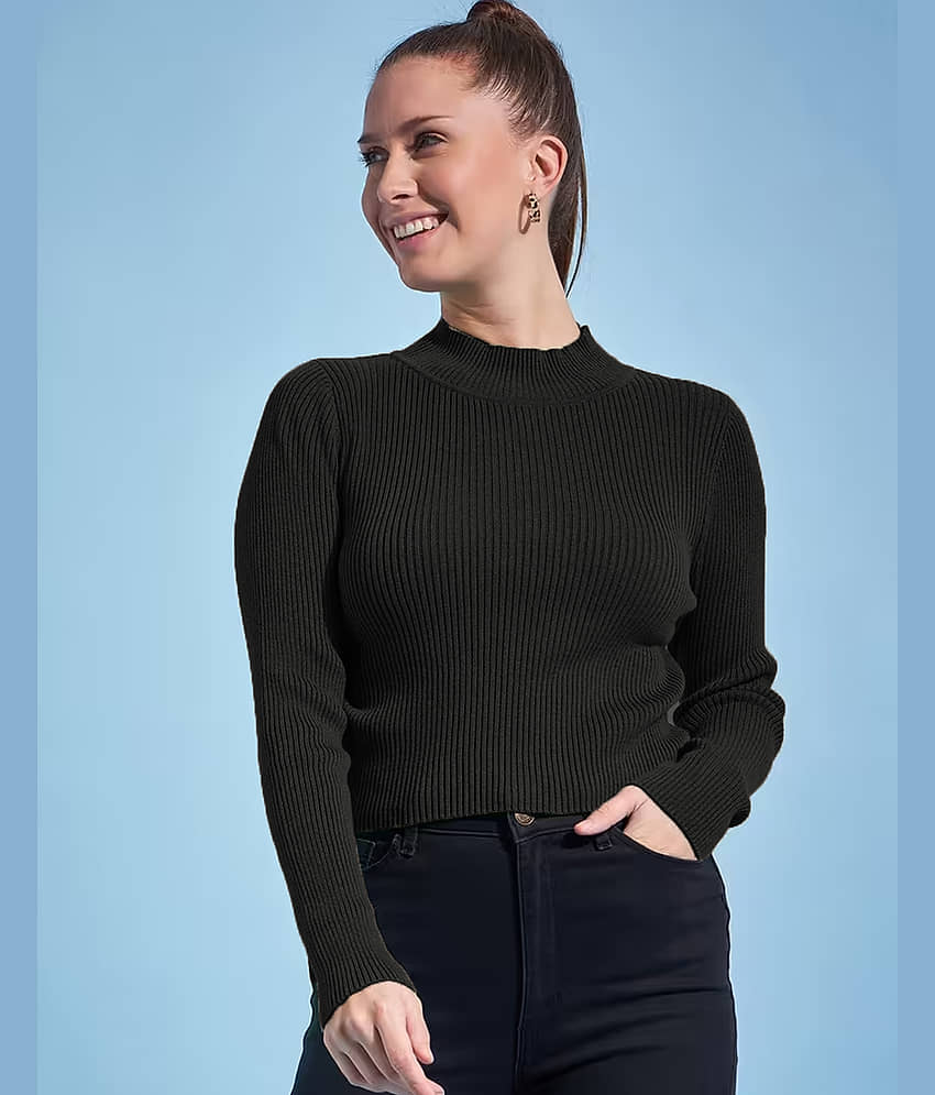Lime Cotton Blend High Neck Women's Pullovers - Black ( Single )
