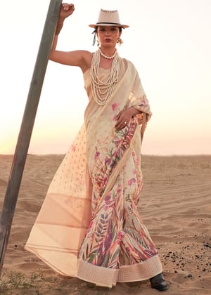 Soft Cream Woven Linen Silk Saree With Floral Print