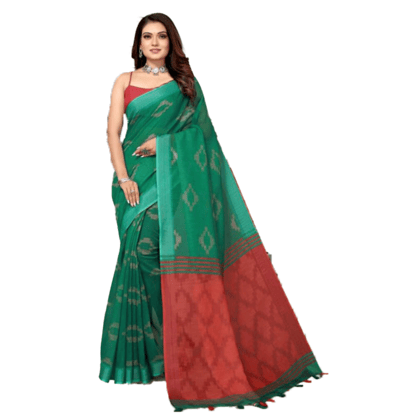 TheHangr Women's Linen Geometrical Print Green Saree With Red Pallu