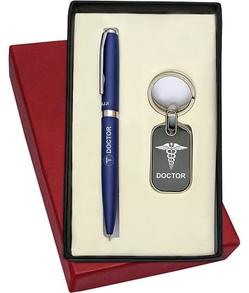 UJJi Doctor Logo Engraved Matte Finish Blue Colour Ballpen and Keychain