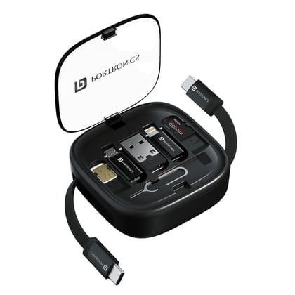 Portronics SnapCase 2 60W Max Output, Type C to Type C Retractable Cable, Micro/8 Pin/USB-A Connector, Mobile Stand