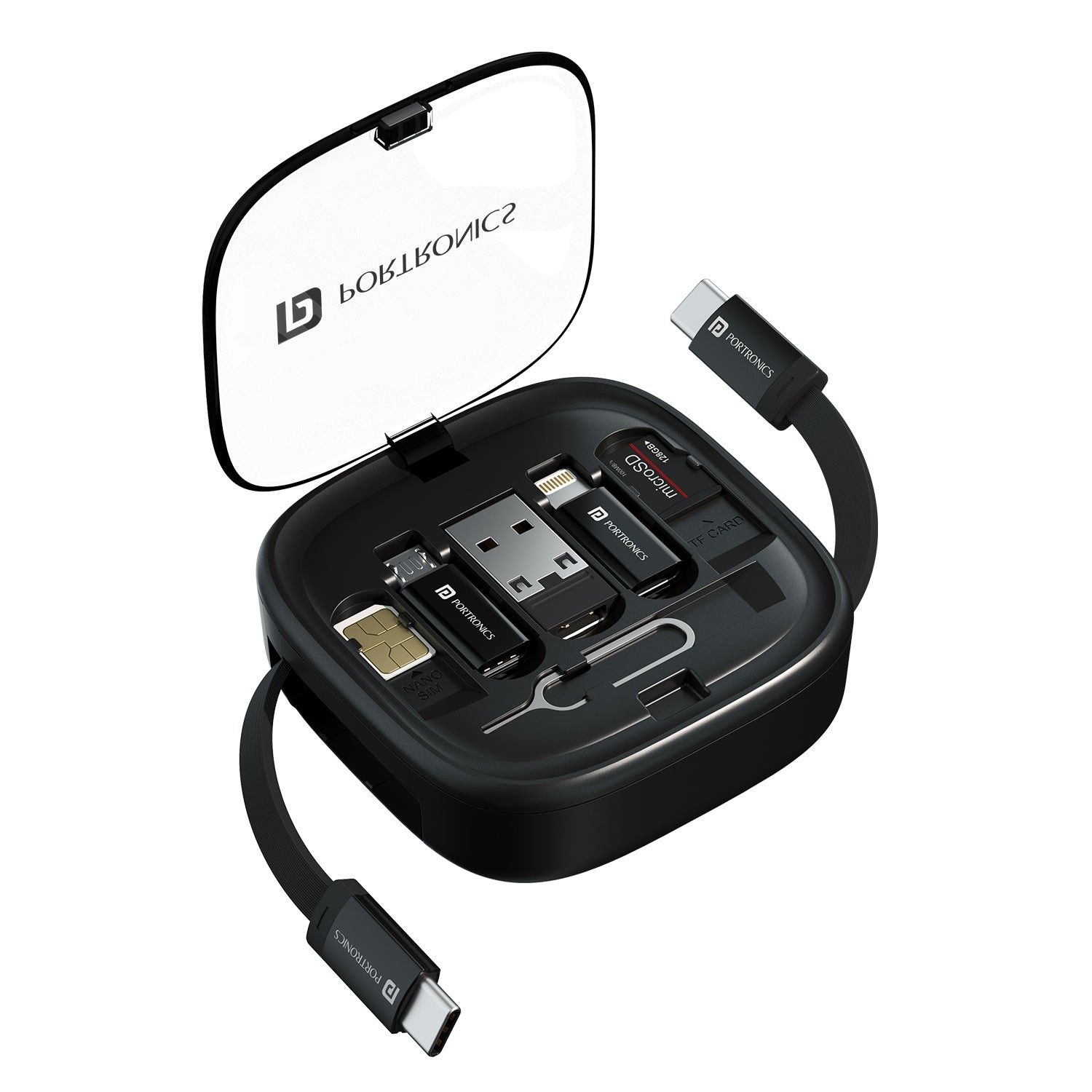 Portronics SnapCase 2 60W Max Output, Type C to Type C Retractable Cable, Micro/8 Pin/USB-A Connector, Mobile Stand