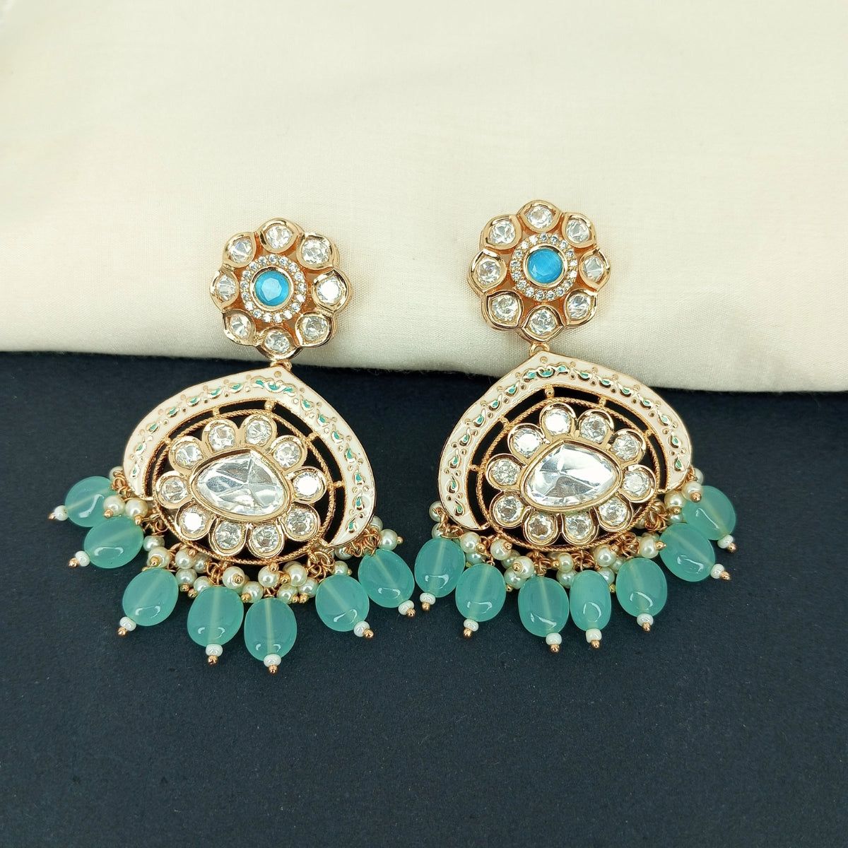Ivory Meenakari Kundan Polki Earrings with Pearl Drops