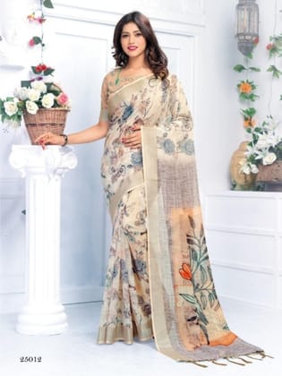 Narivastra Pure Linen Cream SparrowDigital Printed Saree