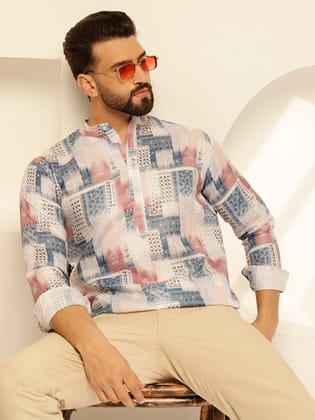 Men's Cotton Linen Geometric Print White & Multi Only Short Kurta-36