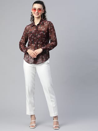 Floral Print Sheer Shirt - Maroon-Standard Size / 2XL