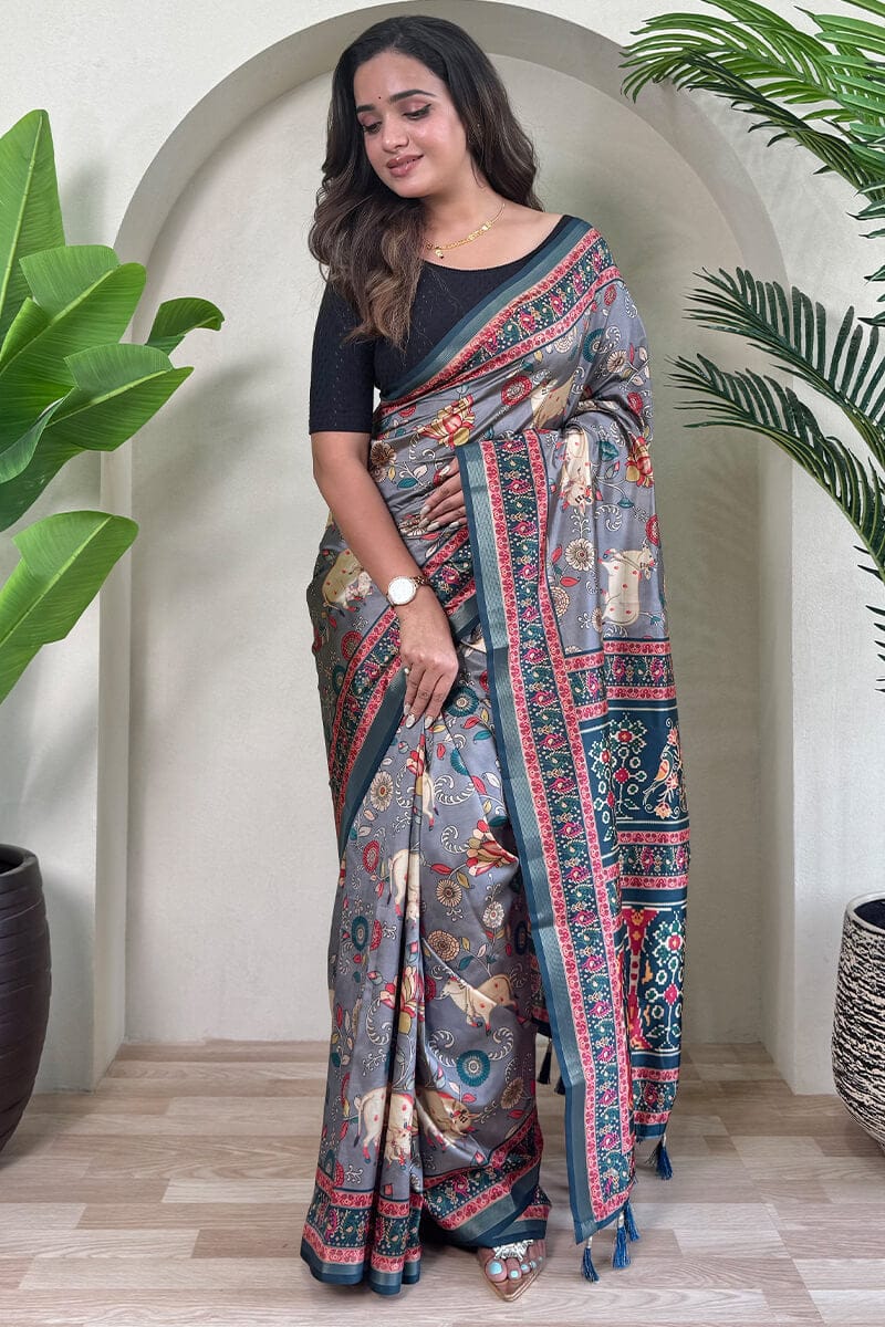 Cadet Grey Digital Printed Pure Viscose Dola Silk Saree
