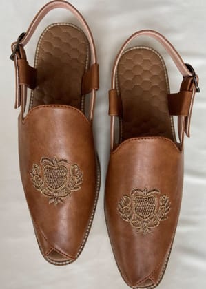 Tan Hand Embroidery Leather Sandal Slip-Ons-Tan