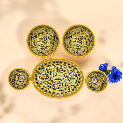 Yellow Floral Oval Platter & Bowl Set  Handcrafted Jaipur Blue Pottery for Festive Dining