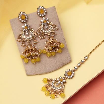 Yellow Color Kundan Earrings With Maang Tikka (KDTE575YLW)-Length: 9.00 CM x Width: 2.00 CM / Yellow / Alloy With Good Quality Gold Plated