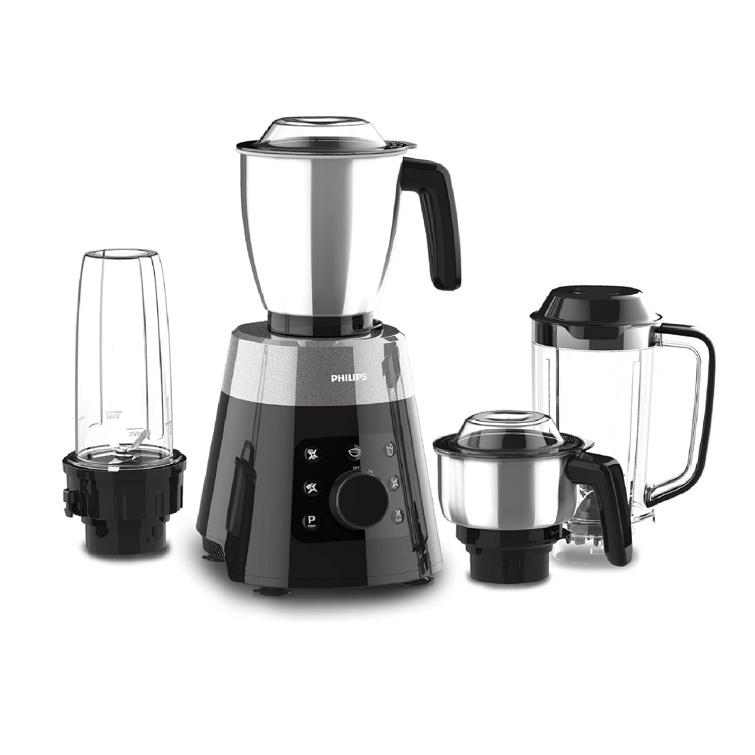 PHILIPS HL7777/00 Mixer Grinder, 750W, 4 Jars, Smart One-Touch Mode, 50%* Reduction in sound power, Digital Interface, Intelli-speed Technology for Pre-Set cooking, Soft Sound Technology, Metallic Silver and Bold Black, Large PHILIPS HL7777/00 Mixer Grin
