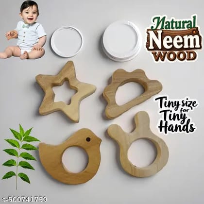 Natural Neem Wood Teether  Bird, Cat, Cloud & Star for Tiny Hands