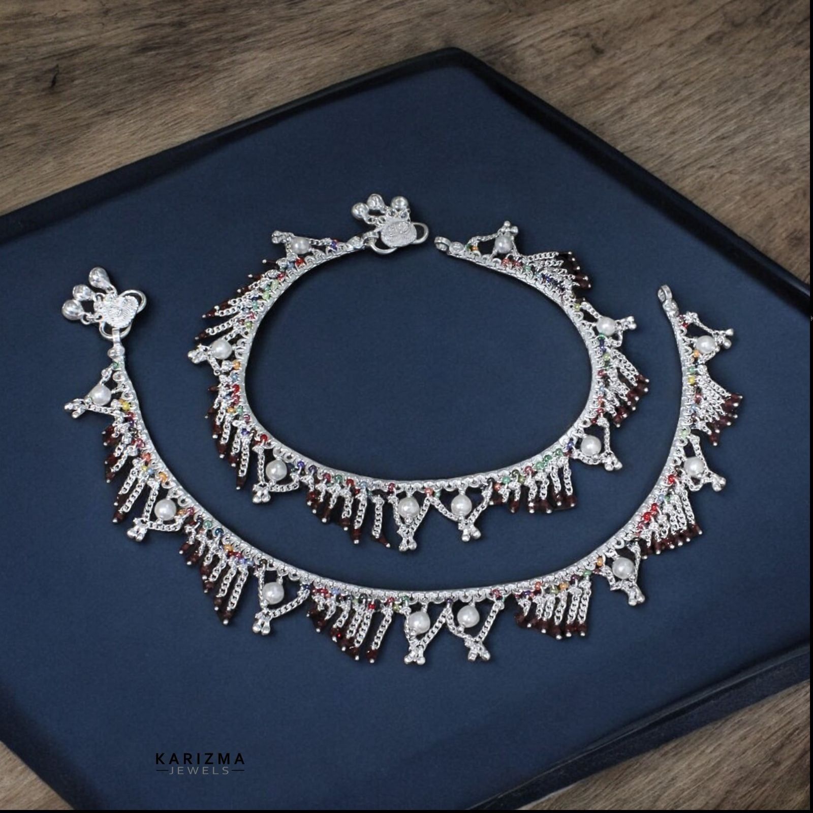 Real Sterling Silver Multi Beads Indian women Jhallar Pearl Anklets Ankle Pair 10.5"