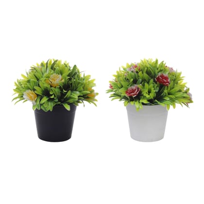 Foliyaj Combo of 2 Artificial Plants with Large Green Leaves and Big Red and Yellow Flowers