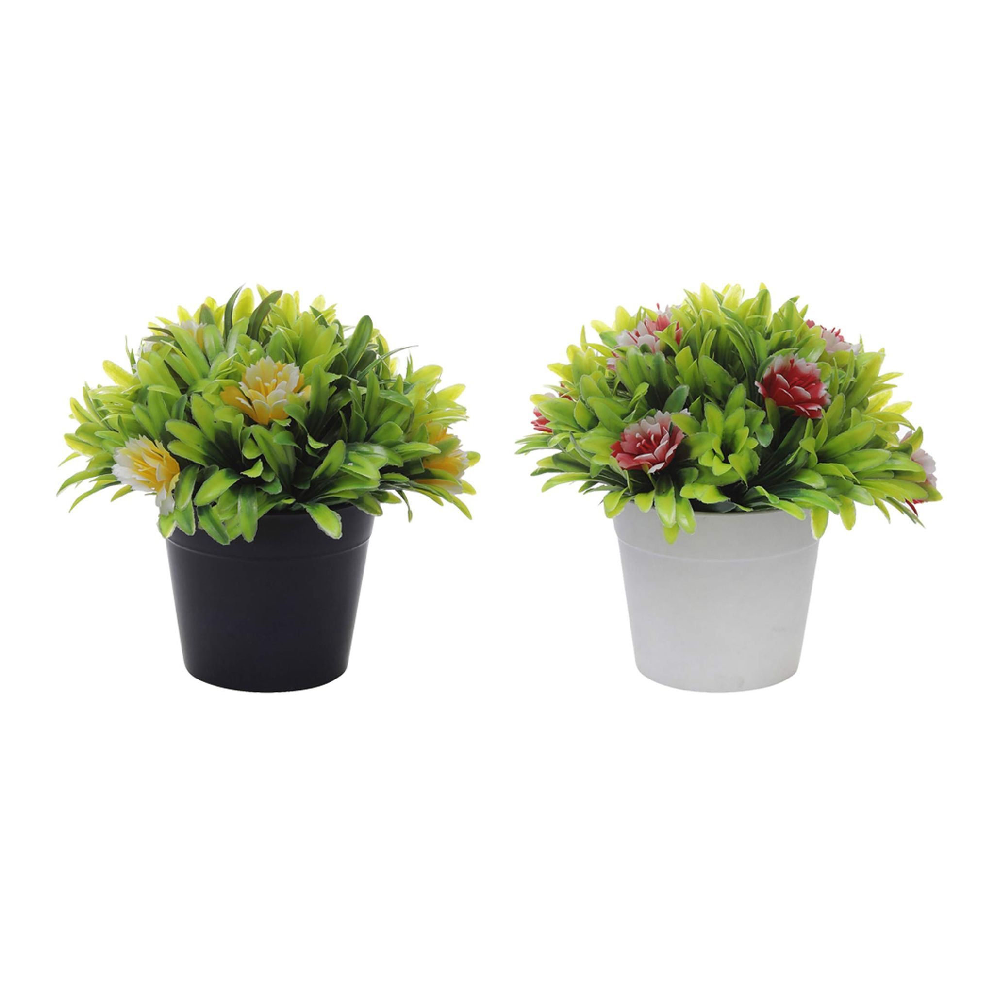 Foliyaj Combo of 2 Artificial Plants with Large Green Leaves and Big Red and Yellow Flowers
