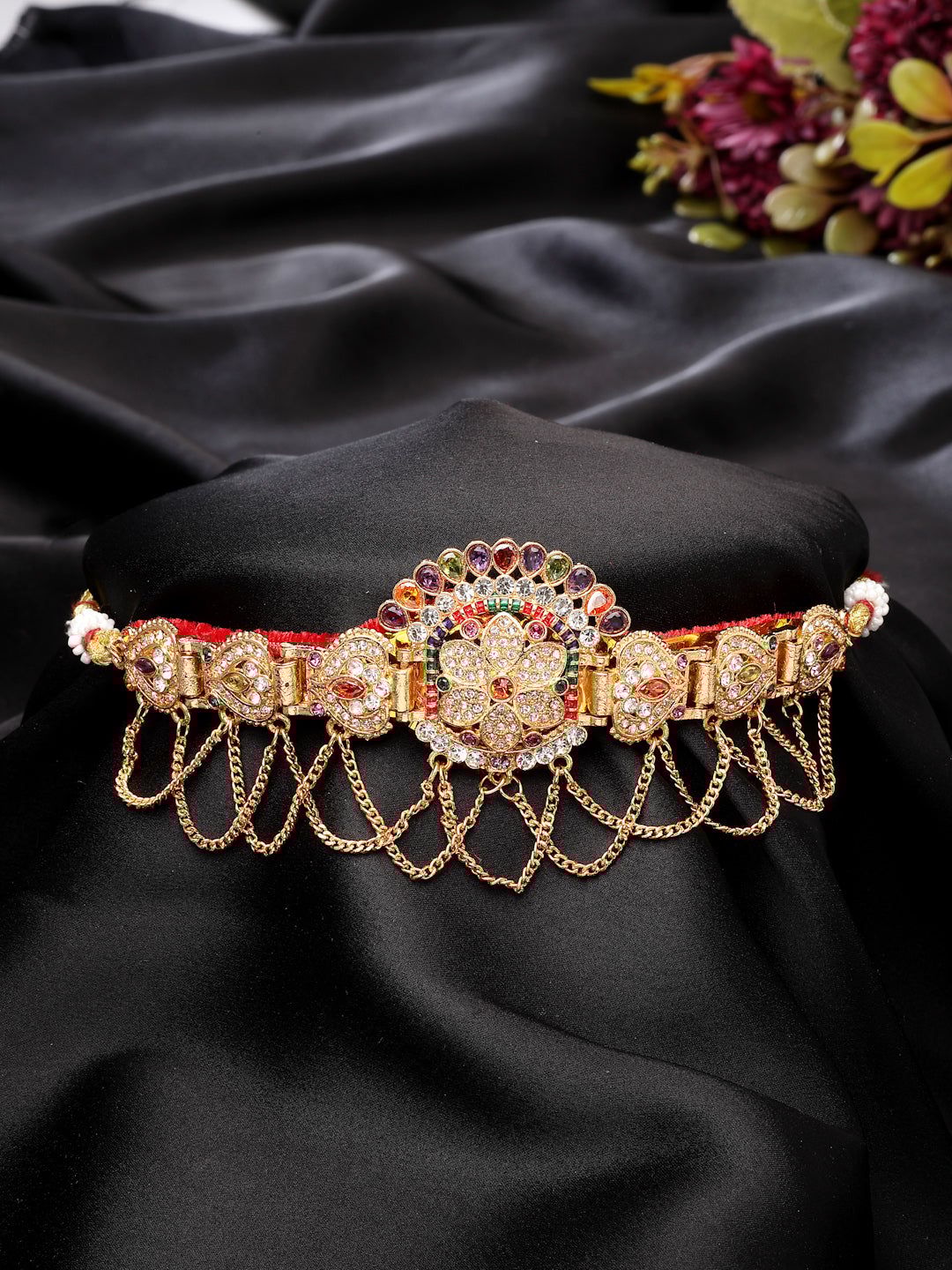 NVR Women's Gold-Plated Cubic Zirconia Stone Studded Rajputi Choker Necklace-Adjustable / Gold / Brass