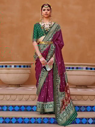 Wine Printed Patola Handloom Soft Silk Saree