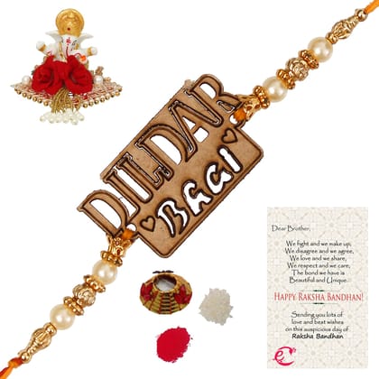 Designer Wooden Dildar Bhai Rakhi with Lord Ganesha Idol on Decorative Plate for Car & Home and Roli Tikka Matki, Best Wishes Greeting Card