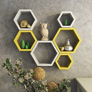 Onlinecrafts Wooden Wall Shelf Wooden Wall Shelf (Number Of Shelves - 6, Yellow, White)