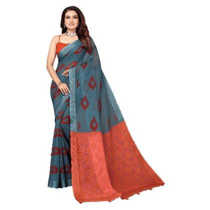 TheHangr Women's Grey Geometrical Print Saree With Red Pallu