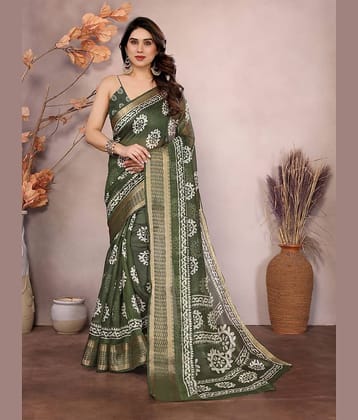 HEMA SILK MILLS Cotton Blend Printed Regular Saree With Unstitched Blouse Piece ( Olive )