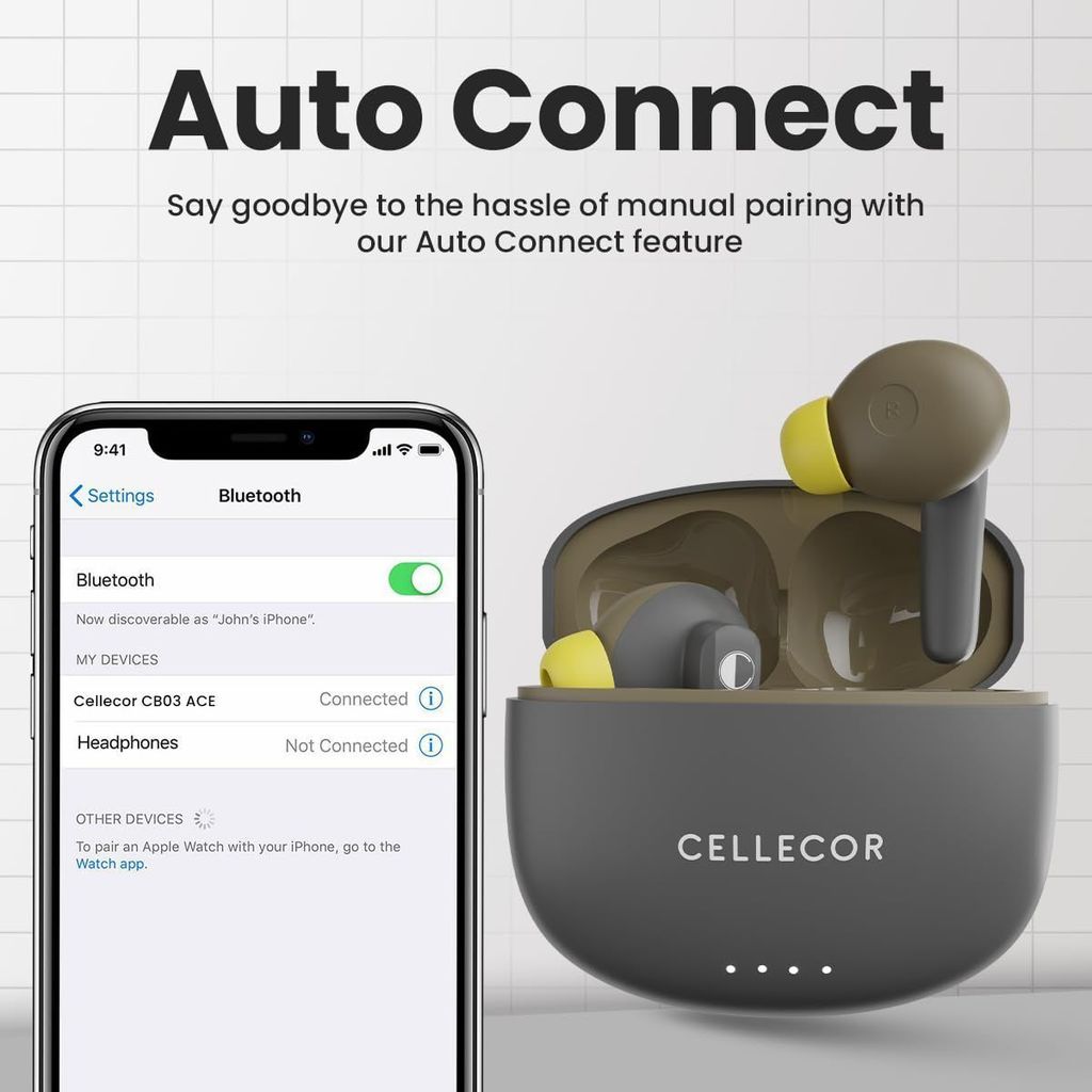 CELLECOR BroPods CB03-ACE TWS with 40 Hours Playtime, Automatic Pairing, HD Sound and 5.1V Bluetooth (Grey-Yellow)