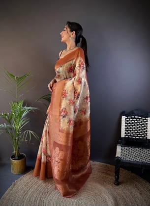 Cream Soft Silk Floral Motifs Zari Weaving Work Banarasi Saree