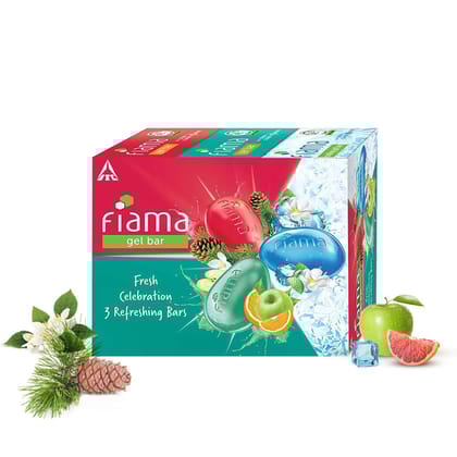 Fiama Gel Bathing Bar Fresh Celebration pack, with 3 Unique Gel Bars, with Skin Conditioners for Moisturized Skin, 375g (125g - Pack of 3), Soap for Women & Men, For All Skin Types Fiama Gel Bathing Bar Fresh Celebration pack, with 3 Unique Gel Bars, wit