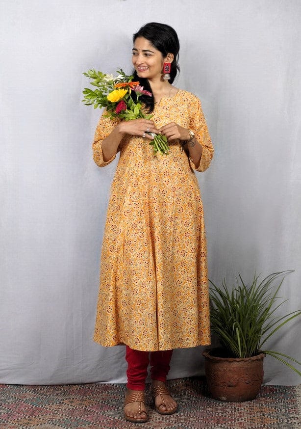 Rivaaj Ethnic Ruhi Kali Kurta (M) | Yellow Cotton Split V-Neck | Summer Ethnic Wear | 3/4th Sleeves