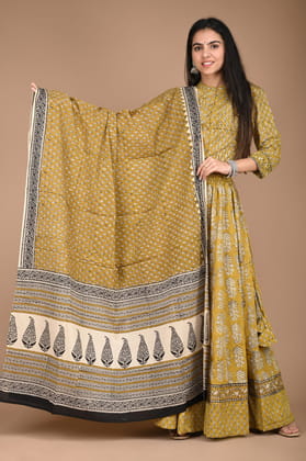 Dreamy Blockprinted Stitched Cotton Yellow Lehanga Choli Set-34