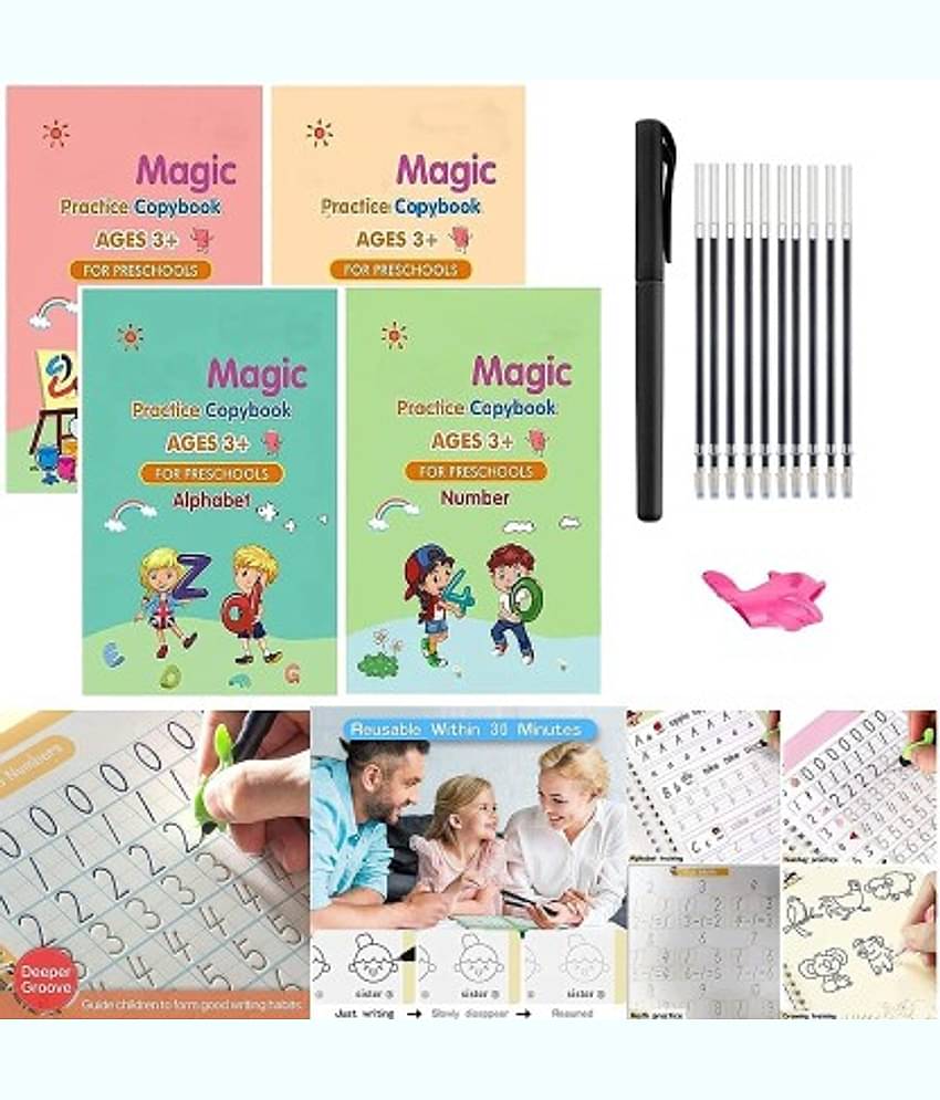 Sank Magic Practice Copybook, (4 BOOK + 10 REFILL+ 1 Pen + 1 Grip) magic book for kids - Sank Magic Pratice Book