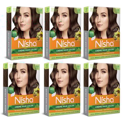 Nisha Creme Hair Color Dark Brown 40gm Pack of 6, Permanent Hair Color for Women Men, No Ammonia, 100% Grey Coverage