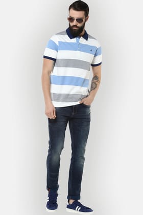 Men's Polo Collar Yarn Dyed Striped T-Shirt - White, Blue, Grey melange-Small / Light Green & Anthra Melange