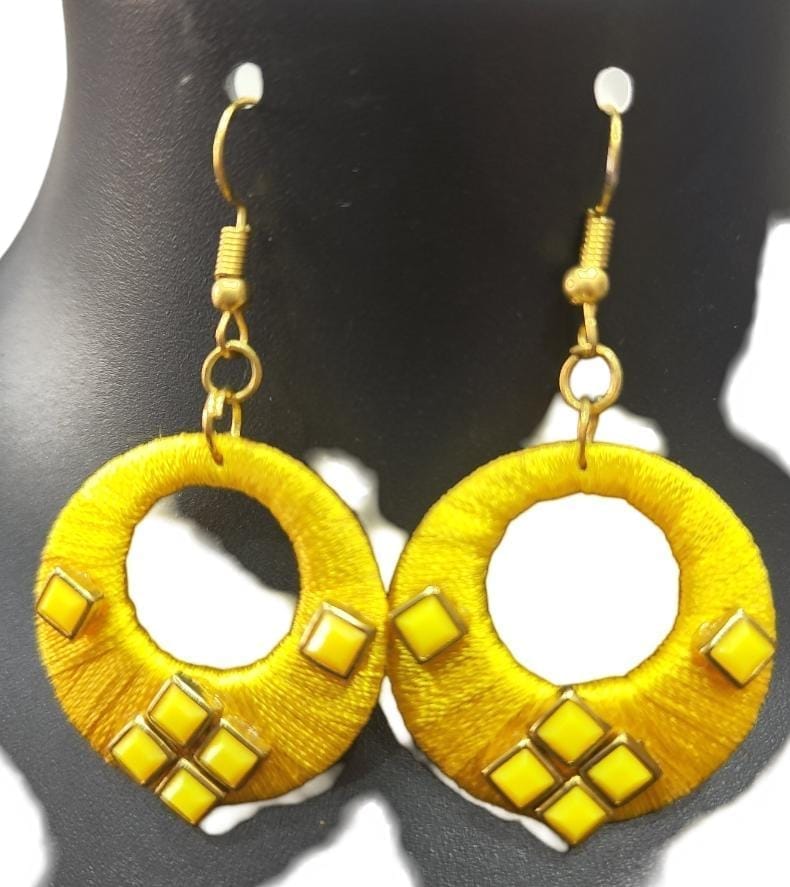 Yellow Silk Thread Hoop Earrings with Rhinestones