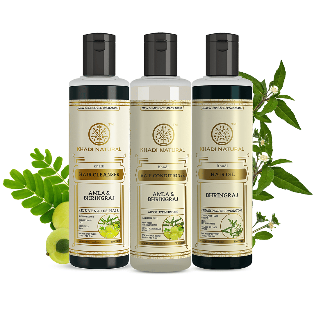 Khadi Natural  Amla & Bhringraj Hair Care Cleanser, Conditioner & Oil – SLS & Paraben Free Combo Pack of 3 - 210ml Each