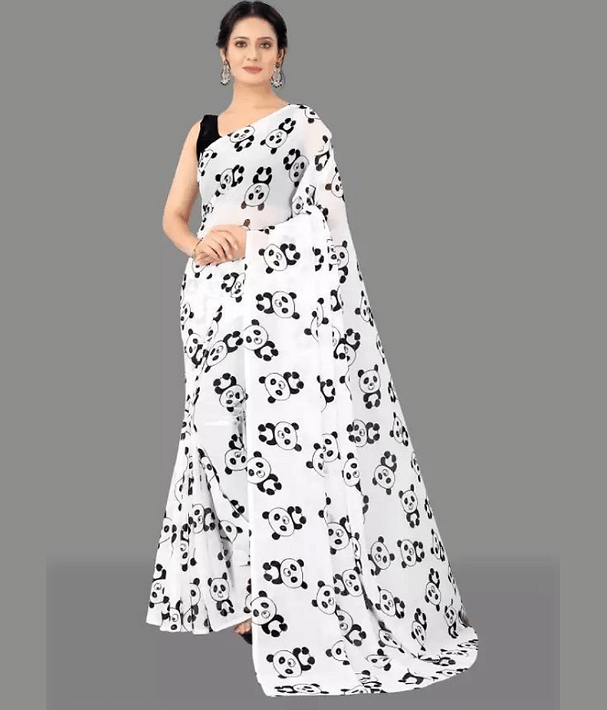 Sitanjali Lifestyle Georgette Printed Saree With Unstitched Blouse Piece ( White )
